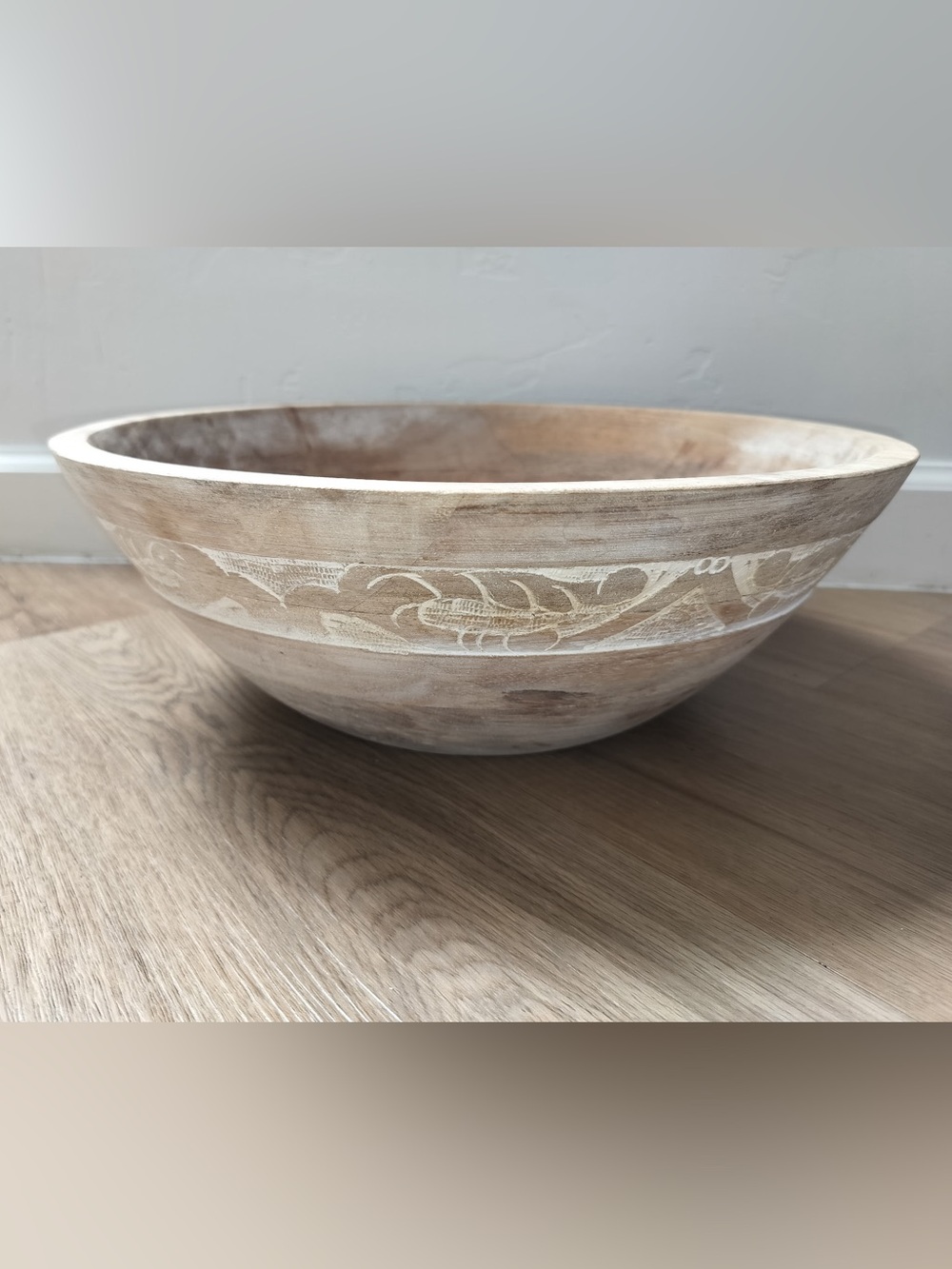 Artisan Hand Carved Wooden Bowl 14" Coastal Wave Mountain Etched Whitewash Tanoa